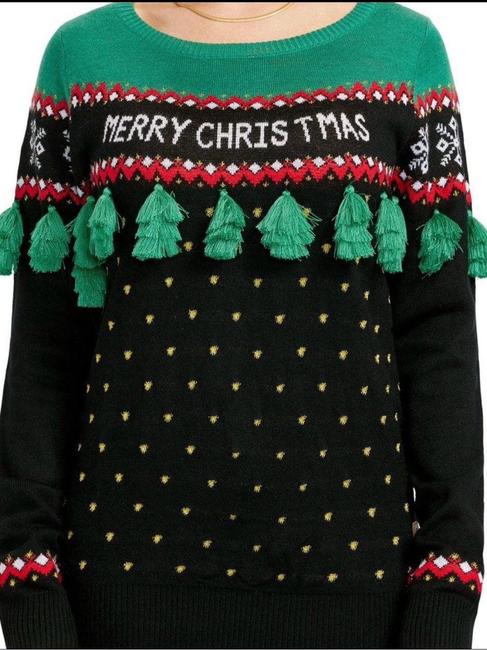 Tipsy Elves Merry Christmas Tassel Ugly Christmas Sweater Women’s L Black Green